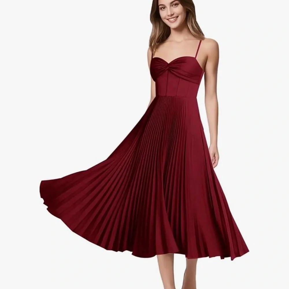 Elegant Burgundy Pleated Dress - Picture 1 of 11